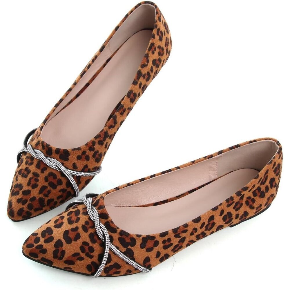 Women's Leopard Casual Flats Fashion Chain Pointed Toe Ballet Flat Rhinestone - Picture 5 of 7